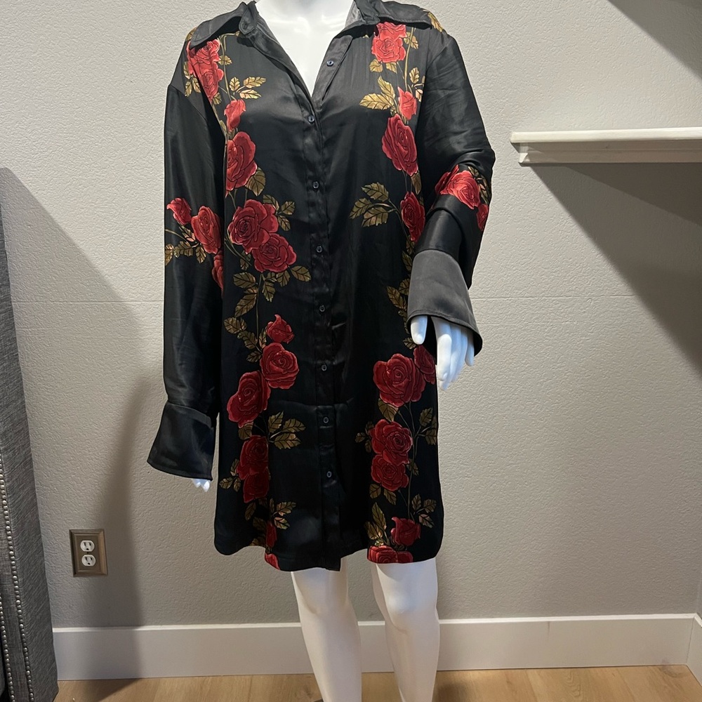 Free People Black Dress with Red Floral Design